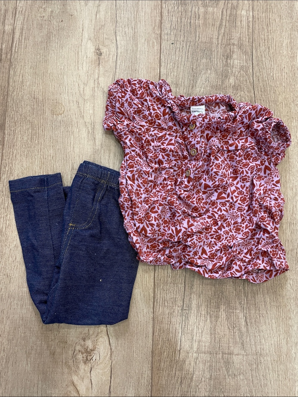 Carter's Pink and Rust Floral Ruffle Top with Navy Leggings